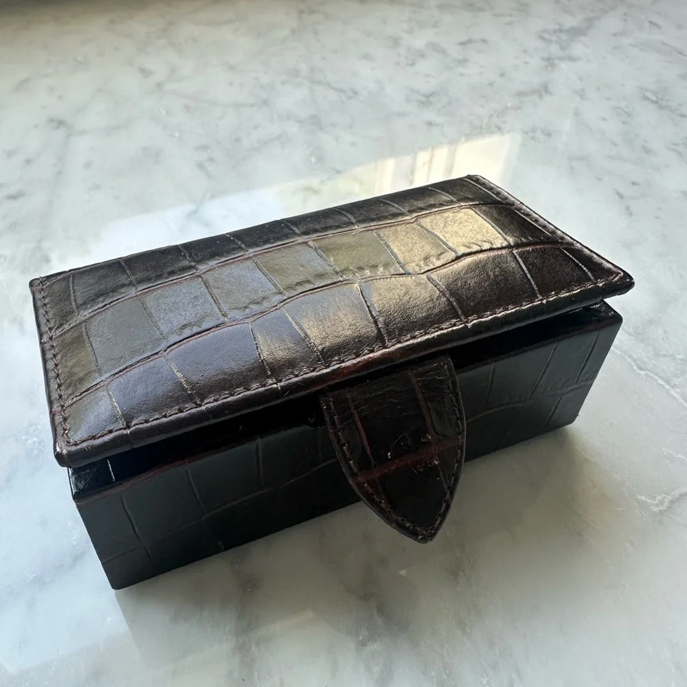 Smythson Dark Brown Croc-Embossed Jewelry Box with Gold Hardware